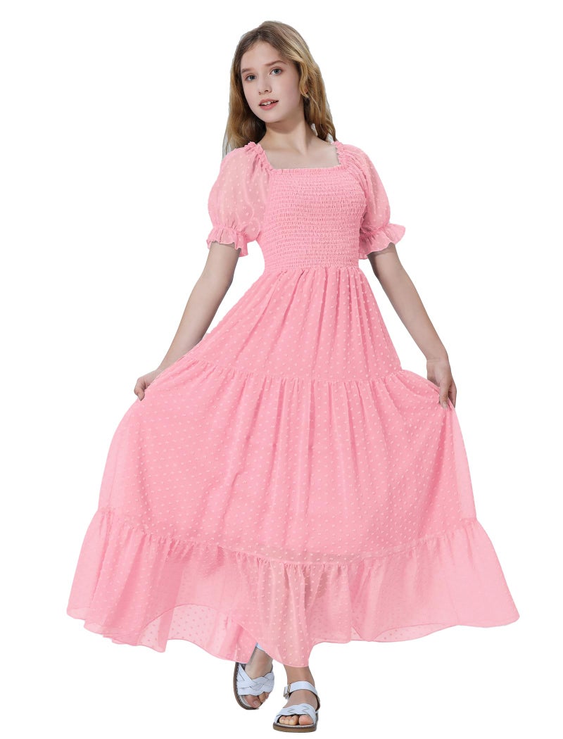EXARUS Girls Maxi Long Dress Tween Dresses Summer Aline Teen Square Neck Short Sleeve Swiss Dot Smocked Casual 1012 Light Pink 7Y