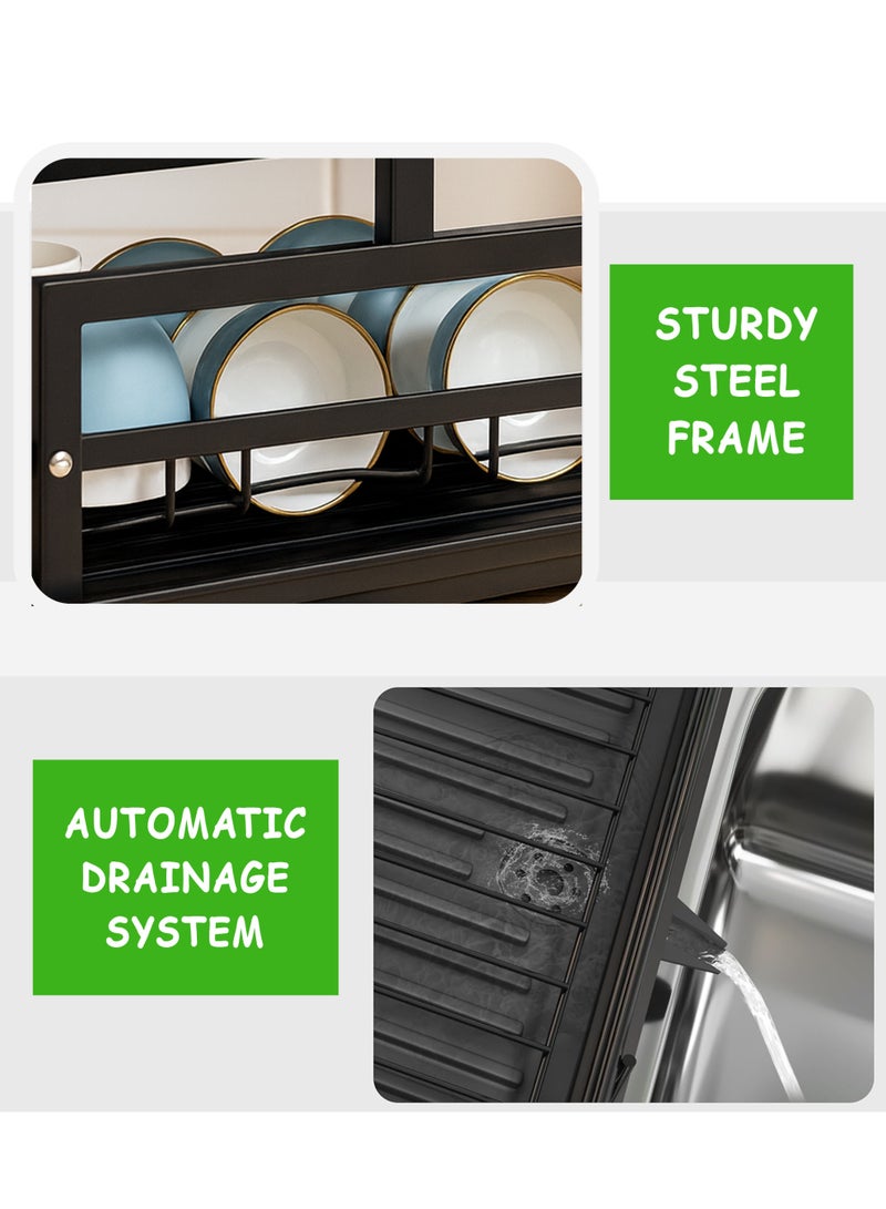 توشيونيكس رف تجفيف أطباق من طبقتين مع صينية تنقيط قابلة للإزالة وفوهة مياه T114615 - رف تجفيف أطباق مطبخ شديد التحمل من الفولاذ الكربوني مع حامل أطباق علوي ومنظم وعاء سفلي وخطافات أدوات مائدة وأقدام مطاطية مانعة للانزلاق - منظم سطح مطبخ مقاوم للصدأ وموفر للمساحة مع أدوات تركيب - أسود - Image 5