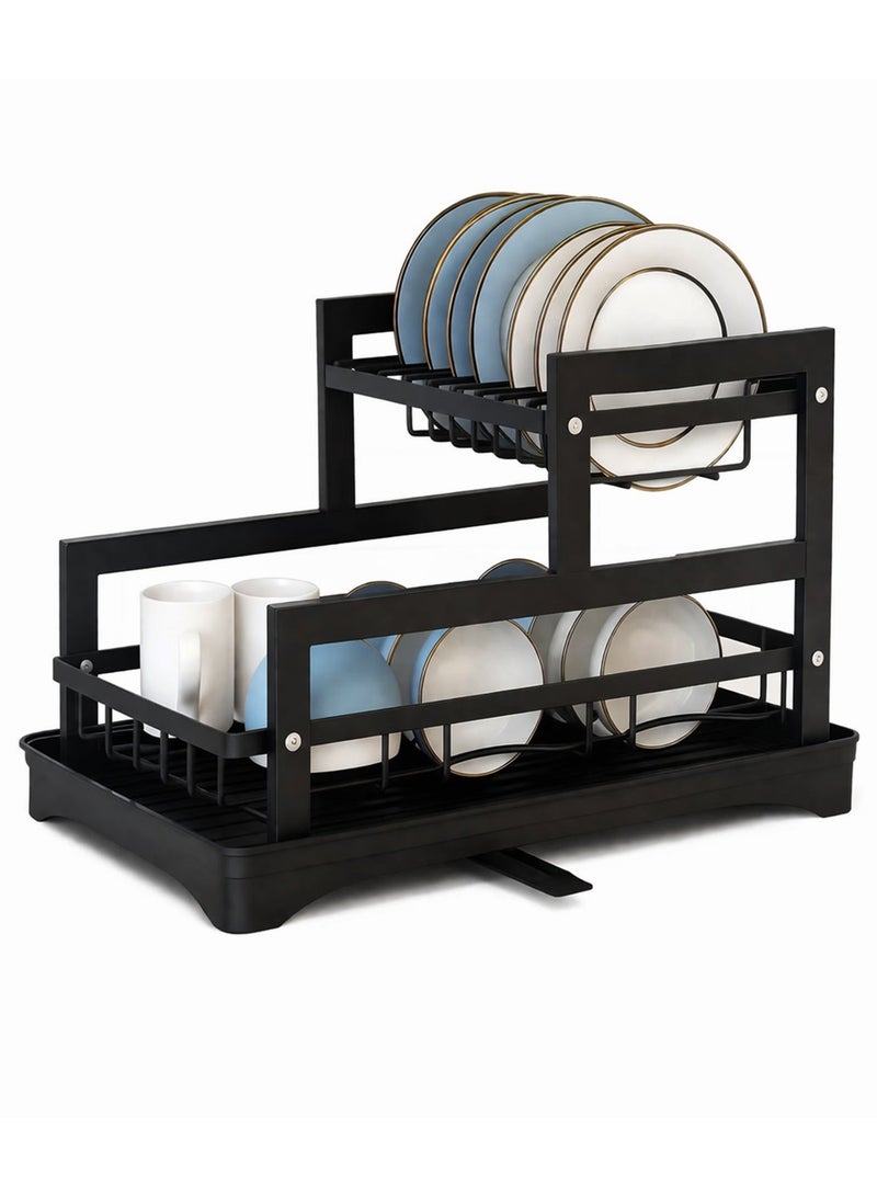 Toshionics 2-Tier Dish Drainer Rack with Removable Drip Tray & Water Spout T114615 – Heavy-Duty Carbon Steel Kitchen Dish Drying Rack with Upper Plate Holder and Lower Bowl Organizer, Cutlery Hooks & Anti-Slip Rubber Feet – Space Saving Rust-Proof Kitchen Countertop Organizer with Installation Tools – Black - Image 1