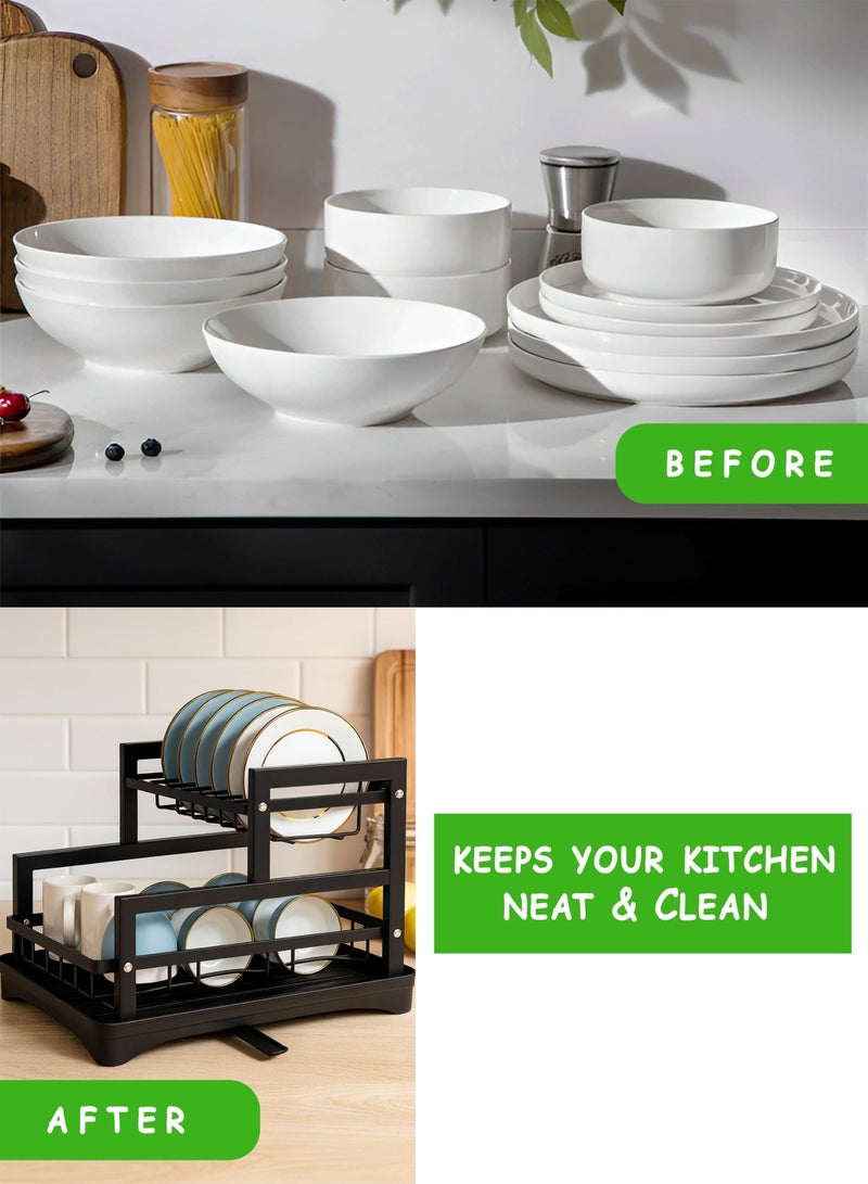 Toshionics 2-Tier Dish Drainer Rack with Removable Drip Tray & Water Spout T114615 – Heavy-Duty Carbon Steel Kitchen Dish Drying Rack with Upper Plate Holder and Lower Bowl Organizer, Cutlery Hooks & Anti-Slip Rubber Feet – Space Saving Rust-Proof Kitchen Countertop Organizer with Installation Tools – Black - Image 4