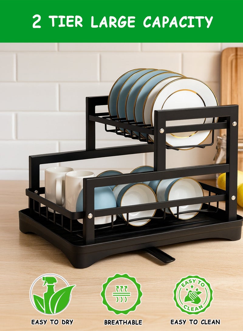 Toshionics 2-Tier Dish Drainer Rack with Removable Drip Tray & Water Spout T114615 – Heavy-Duty Carbon Steel Kitchen Dish Drying Rack with Upper Plate Holder and Lower Bowl Organizer, Cutlery Hooks & Anti-Slip Rubber Feet – Space Saving Rust-Proof Kitchen Countertop Organizer with Installation Tools – Black - Image 3