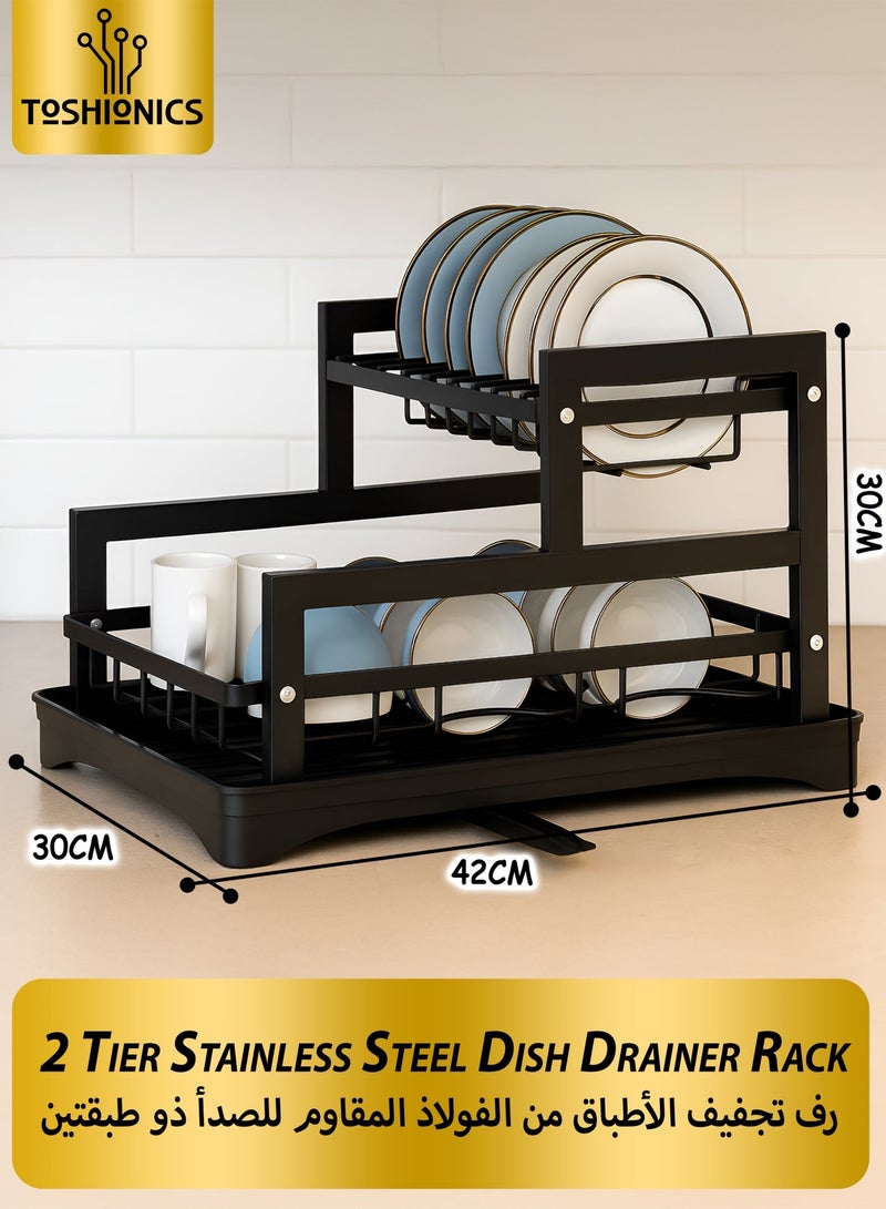 Toshionics 2-Tier Dish Drainer Rack with Removable Drip Tray & Water Spout T114615 – Heavy-Duty Carbon Steel Kitchen Dish Drying Rack with Upper Plate Holder and Lower Bowl Organizer, Cutlery Hooks & Anti-Slip Rubber Feet – Space Saving Rust-Proof Kitchen Countertop Organizer with Installation Tools – Black - Image 2
