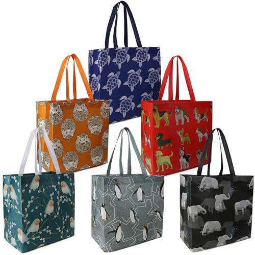BeeGreen Animal Reusable Grocery Bags - W13*H13*D7 6 Packs Lightweight Shopping Totes with Long Handles, Water Resistant,Durable and Portable - Perfect for Groceries, Supermarket, Gifts, and More - Image 1