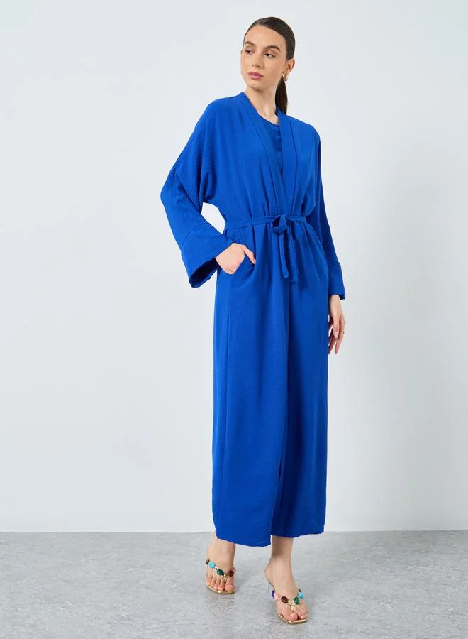 تايك تو Take Two Solid Open Front Abaya with Inner Sleeveless Dress