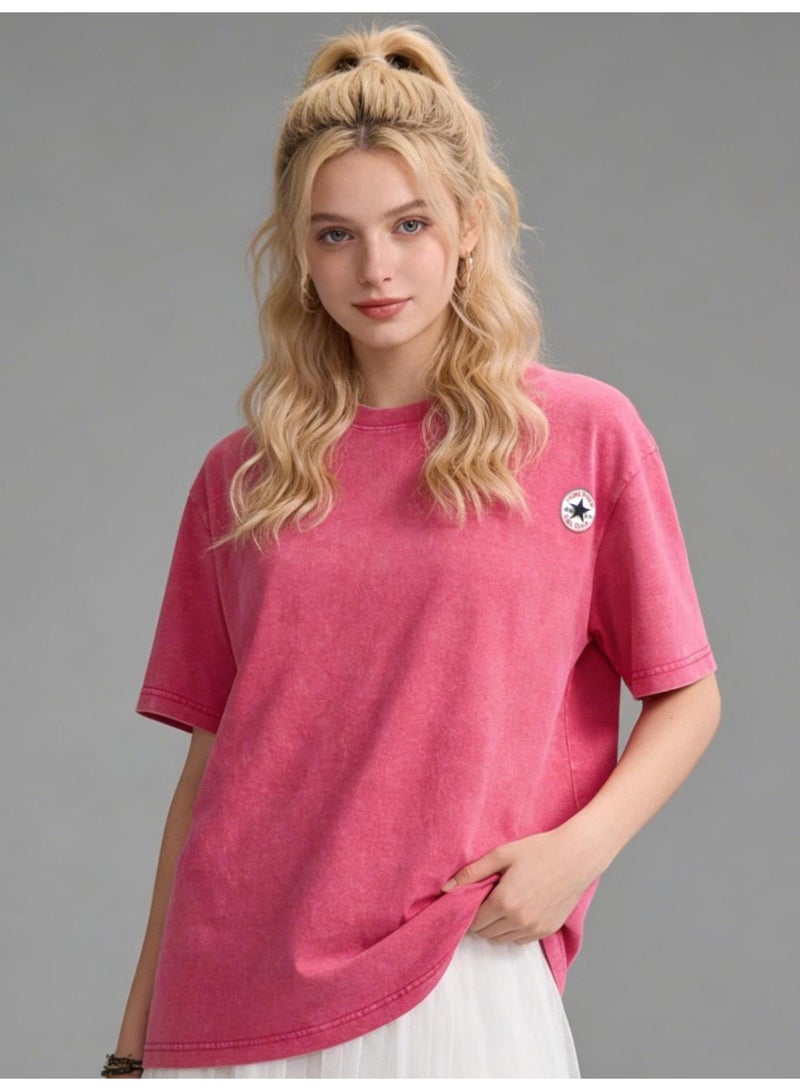 كونفرس CONVERSE made old washed five-pointed star badge short sleeve T-shirt/men's and women's loose retro casual shirt/cotton comfortable T-shirt - Image 3