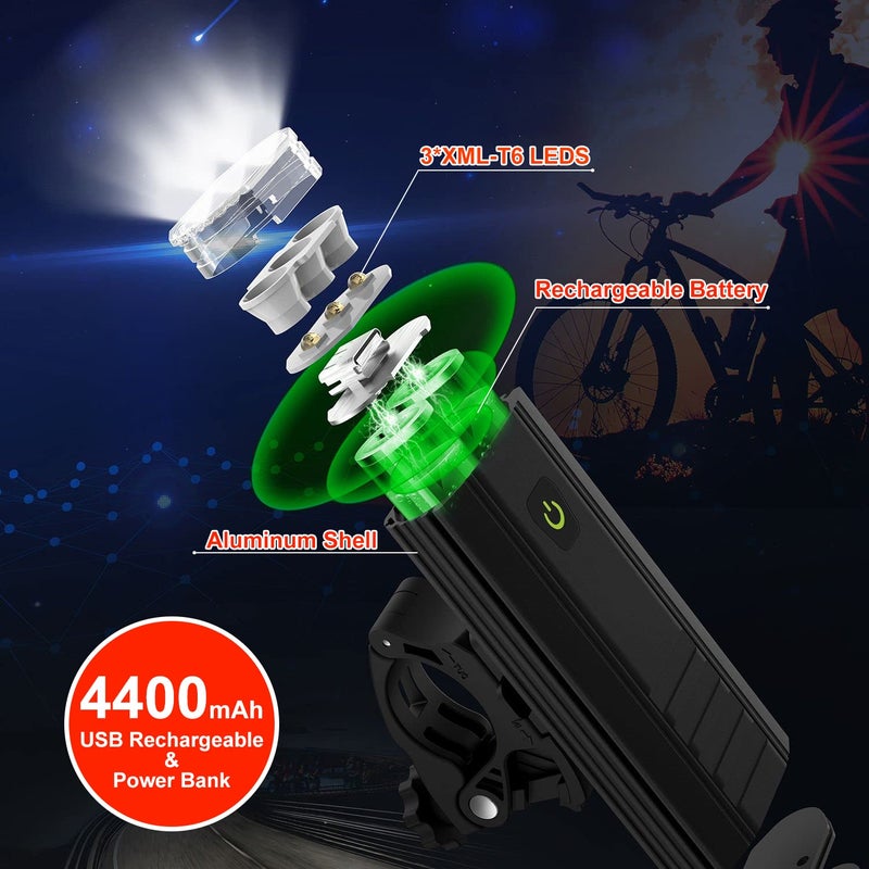 Victagen Bike Lights 5000 Lumens 3LED Bike Lights for Night Riding, Super Bright Bike Light Front and Back, USB Rechargeable Bike Headlight, 6 Modes Bike Headlight, for Adult Bike MTB ebike Lights - Image 4