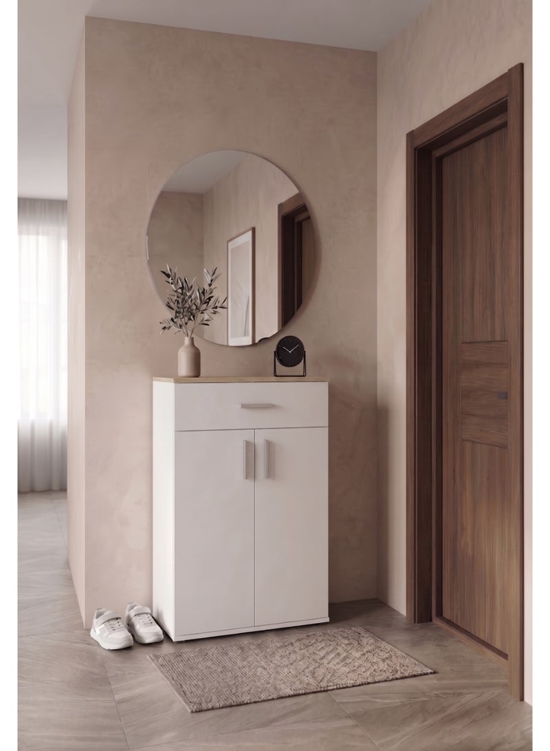 Furniture Store Modern shoe rack/shoe cabinet with a wide drawer and 5 shelves, MDF, in light wood color with white, high-quality finish, from Furniture Store. - Image 2