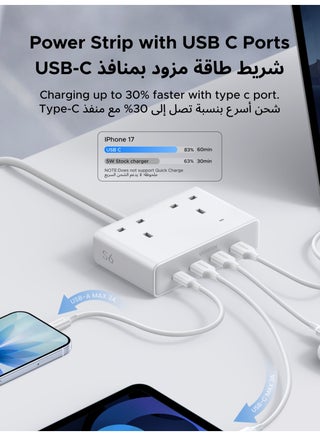 سلك تمديد عالمي بطول 1.5 متر، ربط 6 أجهزة، منفذا طاقة متناوبة إجمالي الطاقة 2990 واط، 3 منافذ USB A ومنفذ USB C واحد، شحن سريع 20 واط لهاتف iPhone 17، مقبس كهربائي للمنزل والمكتب، حماية أمنية متعددة - view 2