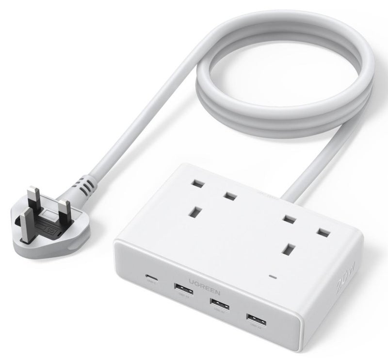 يو جرين سلك تمديد عالمي بطول 1.5 متر، ربط 6 أجهزة، منفذا طاقة متناوبة إجمالي الطاقة 2990 واط، 3 منافذ USB A ومنفذ USB C واحد، شحن سريع 20 واط لهاتف iPhone 17، مقبس كهربائي للمنزل والمكتب، حماية أمنية متعددة - Image 1