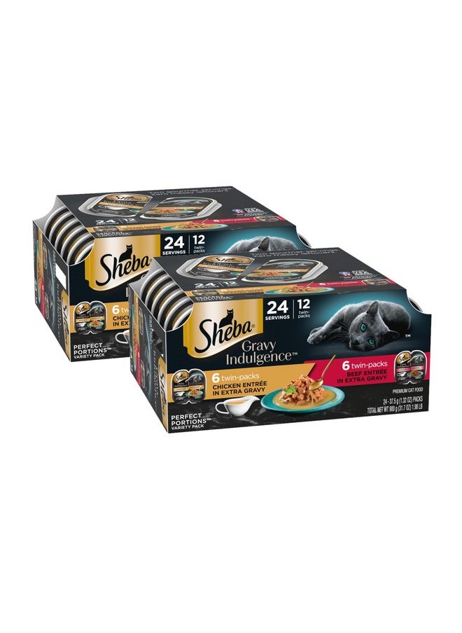 Sheba Gravy Indulgence Adult Wet Cat Food (24 Count, 48 Servings), Beef Entrée In Extra Gravy And Chicken Entrée In Extra Gravy Variety Pack, Easy Peel TwinPack Trays  - Image 1