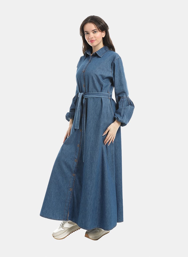 Andora Medium Blue Long Sleeves Buttons Closure Denim Dress_Blue - Image 3