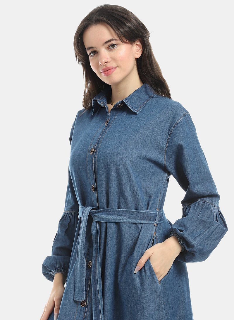 Andora Medium Blue Long Sleeves Buttons Closure Denim Dress_Blue - Image 5