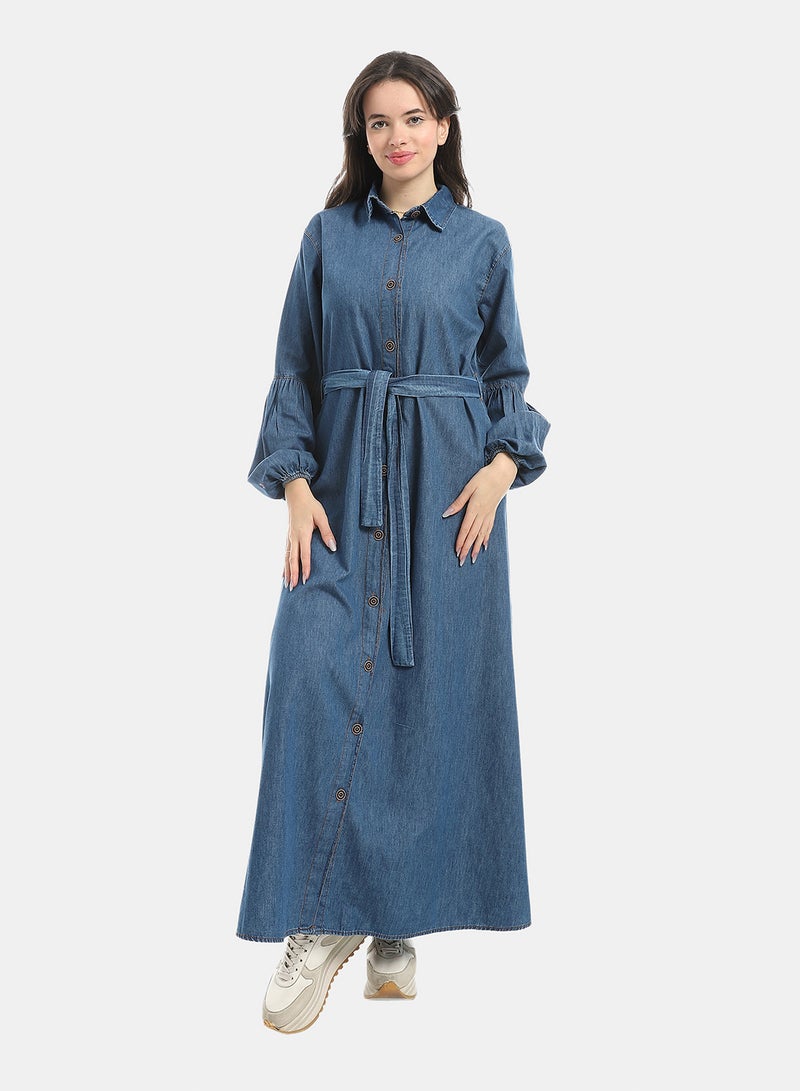 Andora Medium Blue Long Sleeves Buttons Closure Denim Dress_Blue - Image 1