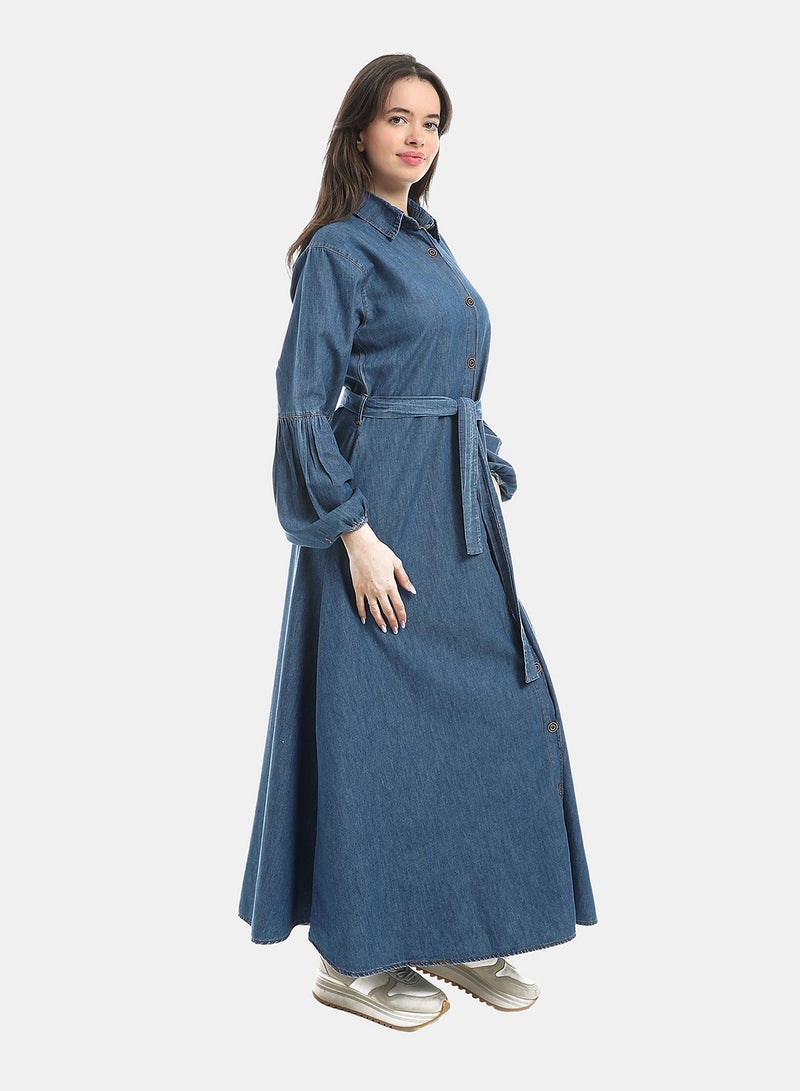 Andora Medium Blue Long Sleeves Buttons Closure Denim Dress_Blue - Image 2
