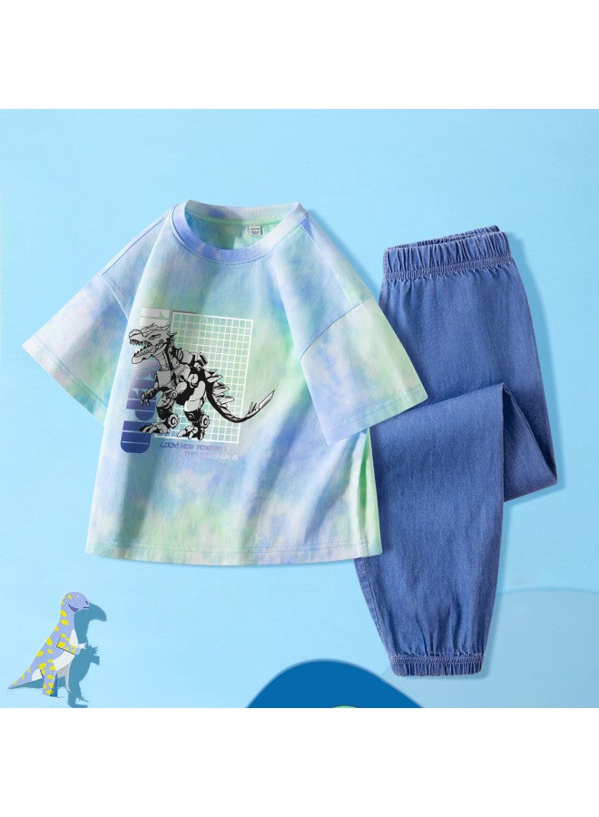 Badibadi Comfortable And Breathable】 Boys' Two-piece Set 2025 Summer Mid-to-large Kids Tie-dye Short-sleeve T-shirt Outfit - Image 2
