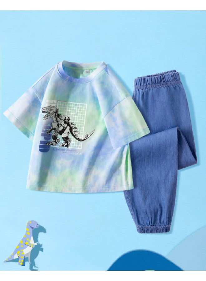 Badibadi Comfortable And Breathable】 Boys' Two-piece Set 2025 Summer Mid-to-large Kids Tie-dye Short-sleeve T-shirt Outfit - Image 1