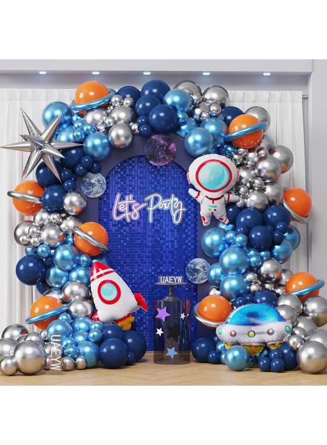 UAEYW Outer Space Birthday Party Decorations 146Pcs Astronaut Balloon Arch Garland Kit, UFO Rocket Astronaut Foil Balloons, Navy Blue Metallic Silver Blue Balloons for Kids Boys Space Theme Party Decor - Image 1