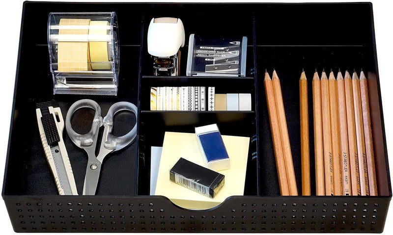 Amtido Desk Drawer Organiser Tray for Office Stationary Supplies & Accessories - Draw Tidy Storage Box – 3 Compartments with 2 Adjustable Dividers – Black - Image 1