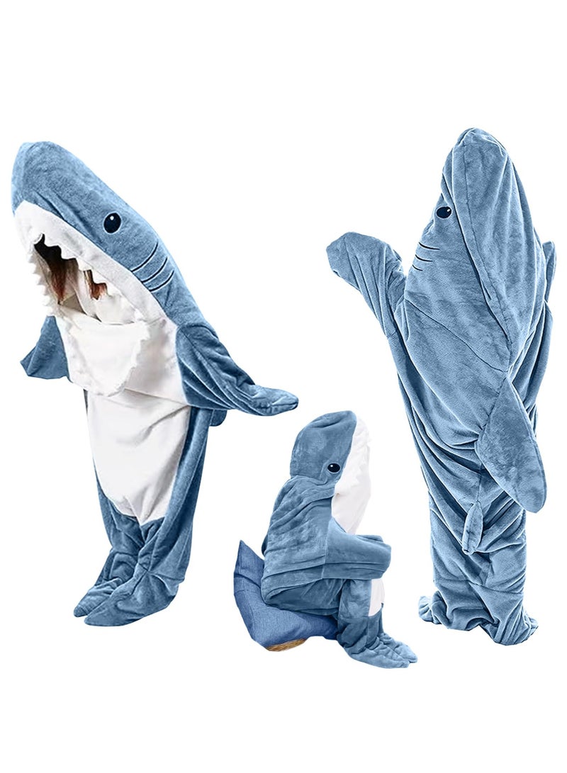 general Cartoon One Piece Shark Sleeping Bag Flannel Blanket Shark Couple Lounge Clothes One Piece Pajamas For Adults and Children Wearable Shark Blanket Hoodie (Blue) - Image 1
