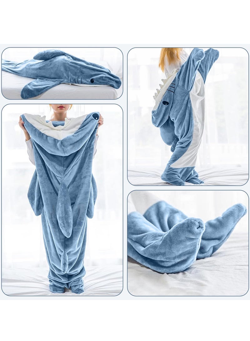 general Cartoon One Piece Shark Sleeping Bag Flannel Blanket Shark Couple Lounge Clothes One Piece Pajamas For Adults and Children Wearable Shark Blanket Hoodie (Blue) - Image 5