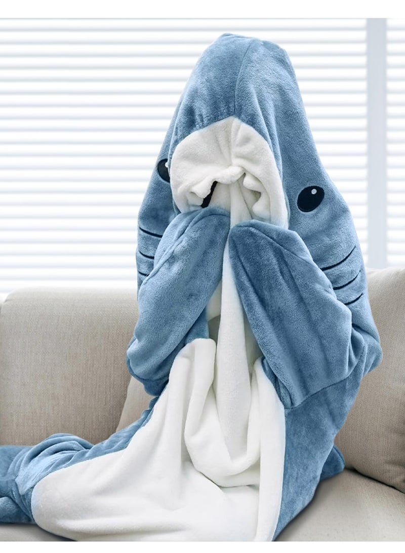 general Cartoon One Piece Shark Sleeping Bag Flannel Blanket Shark Couple Lounge Clothes One Piece Pajamas For Adults and Children Wearable Shark Blanket Hoodie (Blue) - Image 2