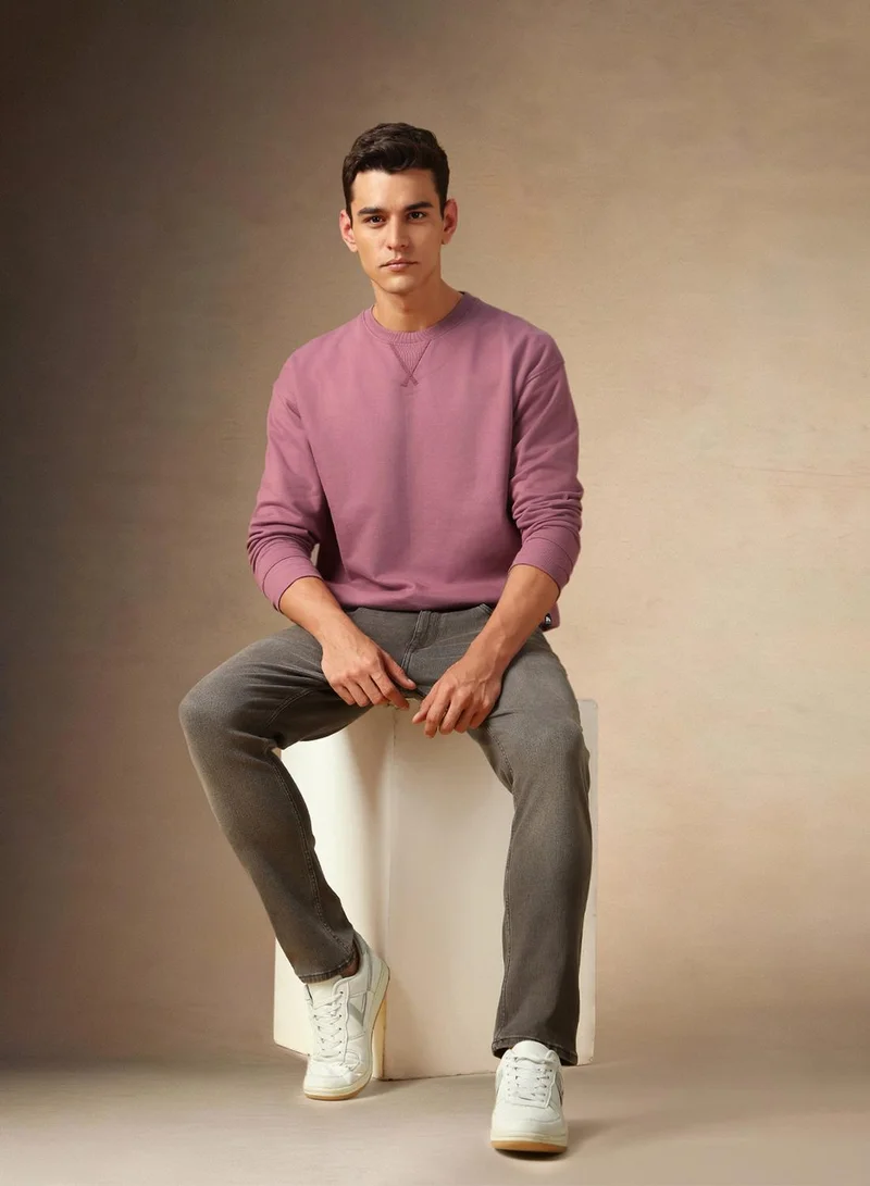 Dennis Lingo Men's Dusty Pink Polyester Blend Solid Regular Fit Sweatshirt