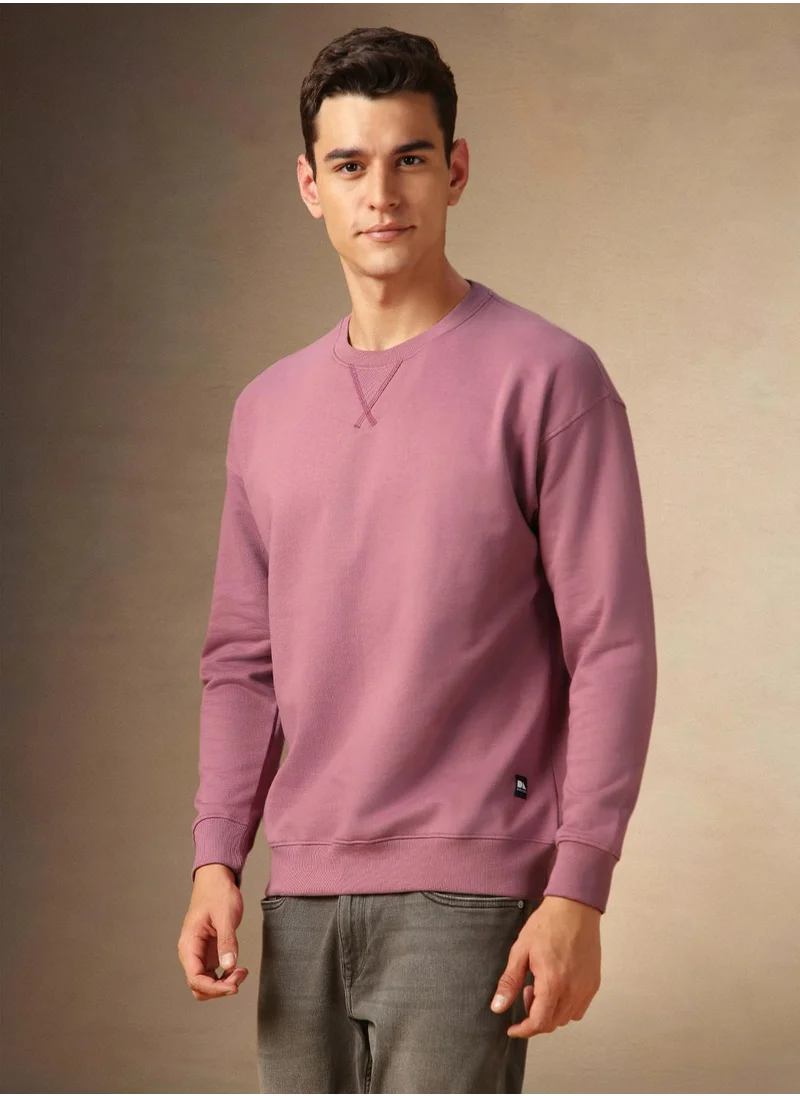 دينيس لينغو Men's Dusty Pink Polyester Blend Solid Regular Fit Sweatshirt