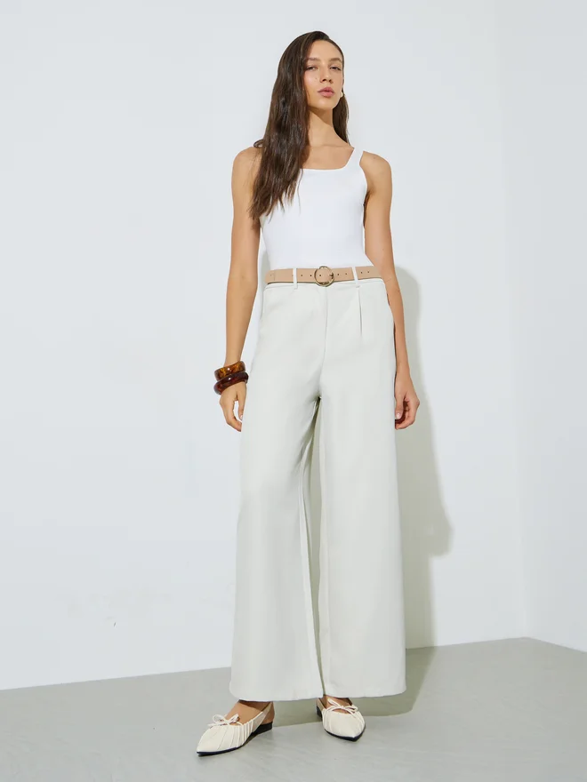 Styli white Styli Cream Wide Leg Pants with Side Pocket for Women | Best Price UAE
