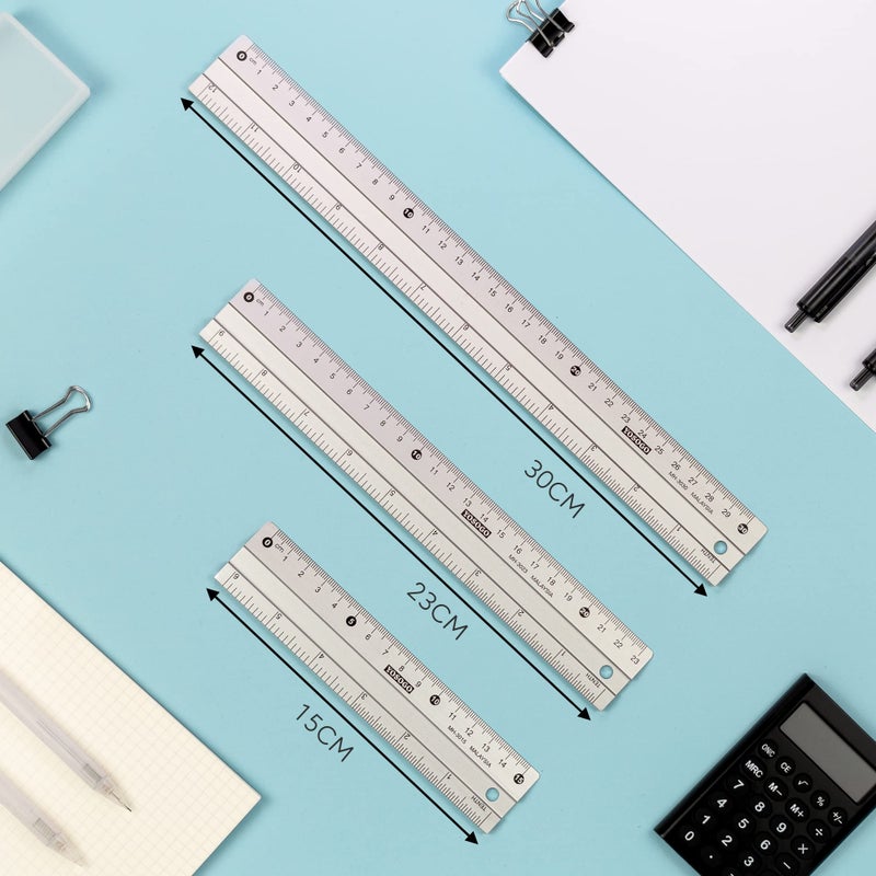 Anti- Slip Aluminum Rulers for Drawing, Set of 3 Pieces (6, 8 and 12 inch) - Centimetres and Inch Scales for Precise Work, School and Home