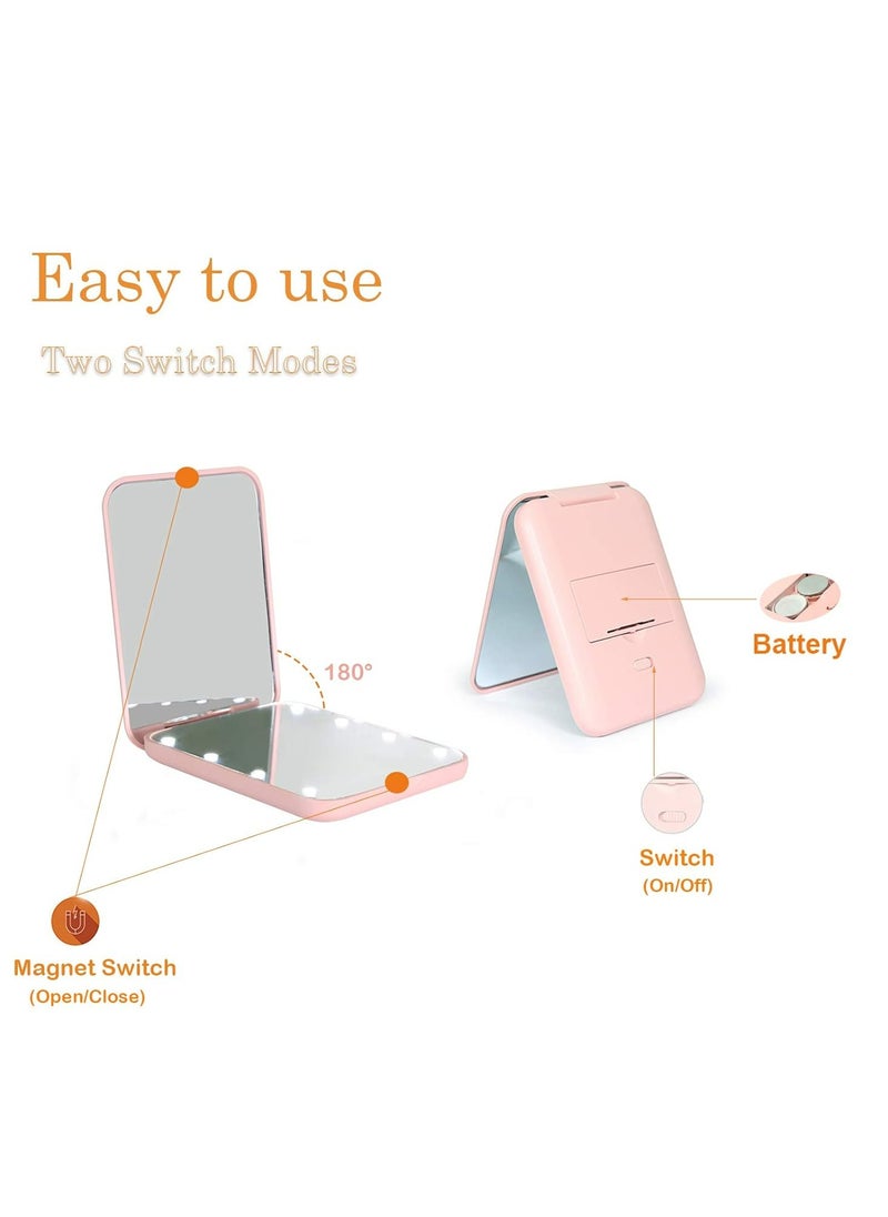 Pocket Mirror, 1X/3X Magnification LED Compact Travel Makeup Mirror With Light, 2-Sided, Portable, Folding, Handheld (Pink)