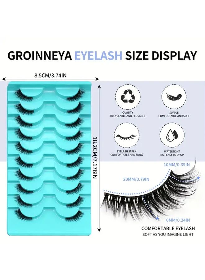 10 Pairs GROINNEYA Natural Cat Eye False Eyelashes F05 Fluffy Wispy 3D Faux Mink Soft Strips Reusable - Image 4