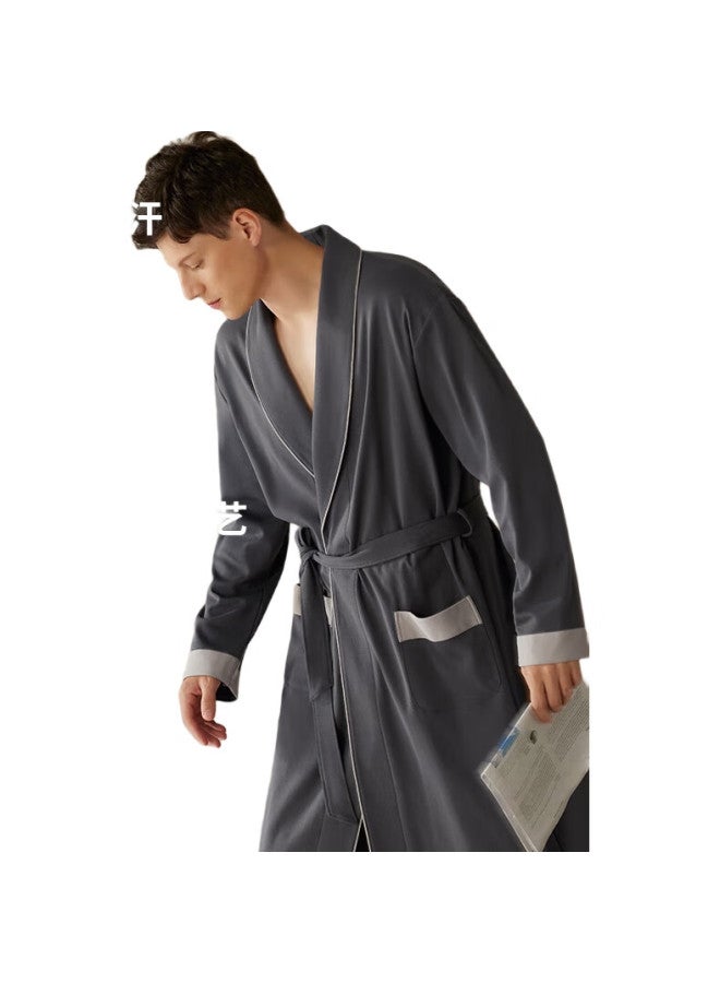 XULEN Men'S Spring And Autumn Pure Cotton Long Sleeve Pajamas Full Cotton Bathrobe Long Home Wear 73397 Dark Grey L - Image 2