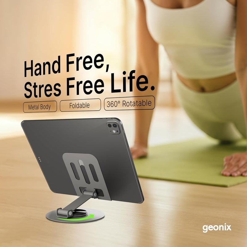 GEONIX Trek M3 360° Rotatable & Foldable Mobile Phone Stand – Metallic, Adjustable Height & Angle, Universal Holder for Smartphones & Tablets (Grey) - Image 2