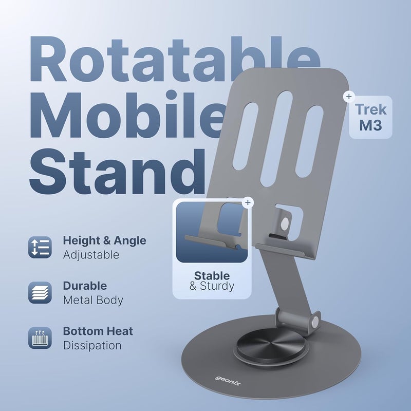 GEONIX Trek M3 360° Rotatable & Foldable Mobile Phone Stand – Metallic, Adjustable Height & Angle, Universal Holder for Smartphones & Tablets (Grey) - Image 4