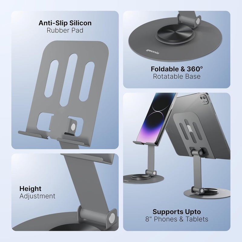 GEONIX Trek M3 360° Rotatable & Foldable Mobile Phone Stand – Metallic, Adjustable Height & Angle, Universal Holder for Smartphones & Tablets (Grey) - Image 3