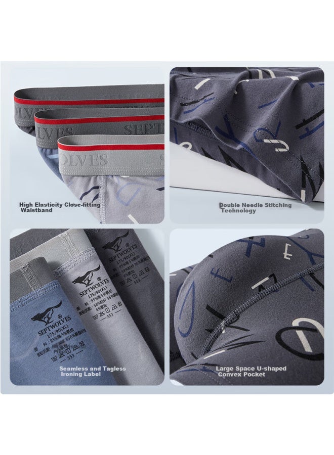 Seven Wolves Men's Cotton Boxer Briefs Low Waist Antibacterial Letter Print Underwear Shorts Men's Four-corner Pants