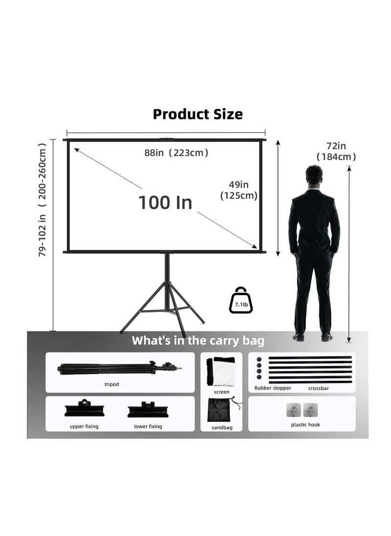 Generic Projector Screen with Stand, 100 Inch Movie Screen, 16:9 4K HD Projection Screen for Indoor Outdoor, Projector Screen and Stand with Bag for Home Theater Backyard Cinema (100")  - Image 2