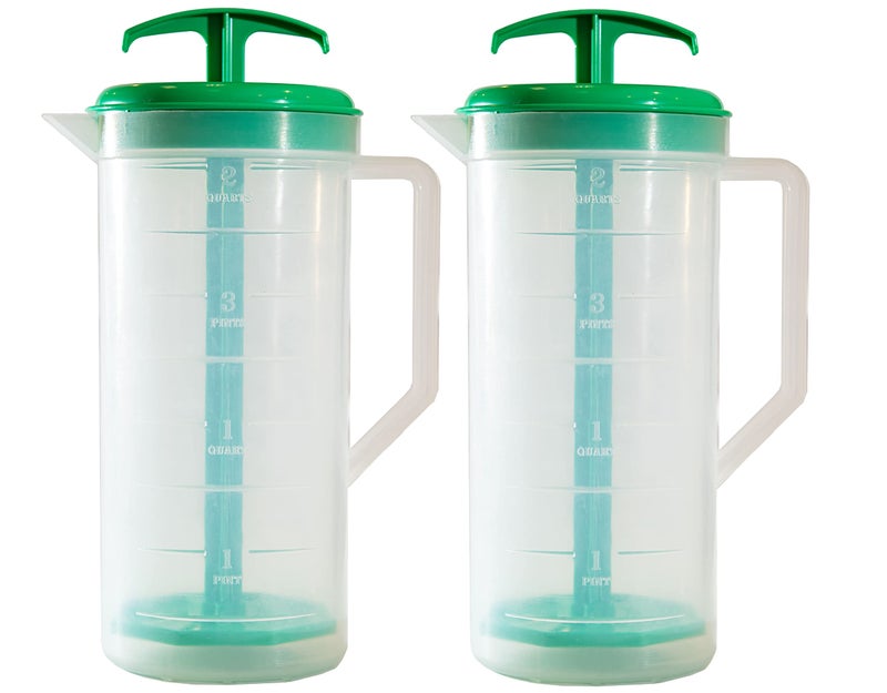 JBK Pottery 2Quart Green Mixing Pitcher with Plunger  BPAFree Plastic Jug for Juice Milk Tea Shakes and More  DishwasherSafe SpillProof Lid Smart Stirring Design 2 Pack