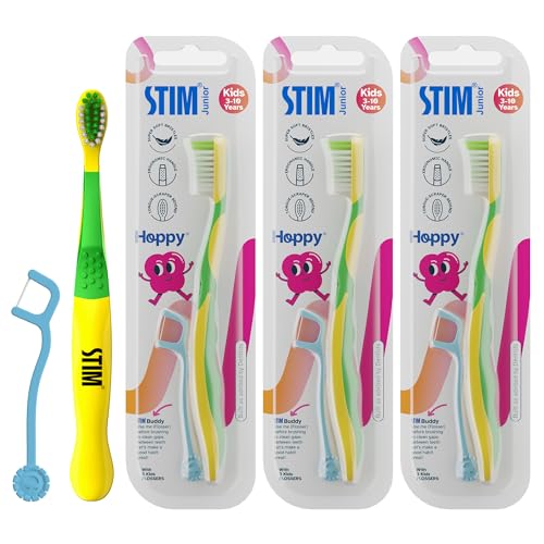 STIM Junior Kids Toothbrush | 3–10 Years | Ultra-Soft Bristles for Gentle Cleaning | Thumb Grip Handle & Tongue Scraper | Perfectly Sized for Independent Brushing | Dentist Recommended | 3 Brushes - Image 1
