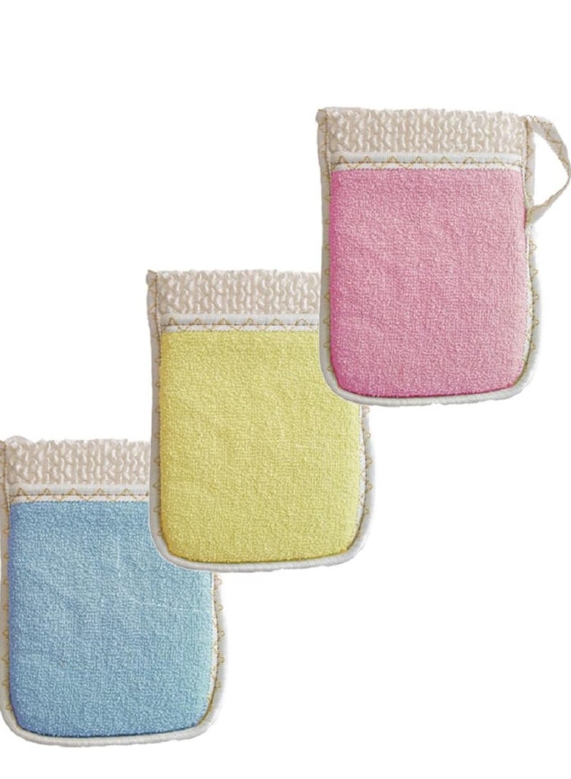 Large oval loofah glove, palm-sized, shower glove lined with sponge and cotton fabric for cleaning and massaging the body, set of 3 pieces, assorted colors  - Image 5