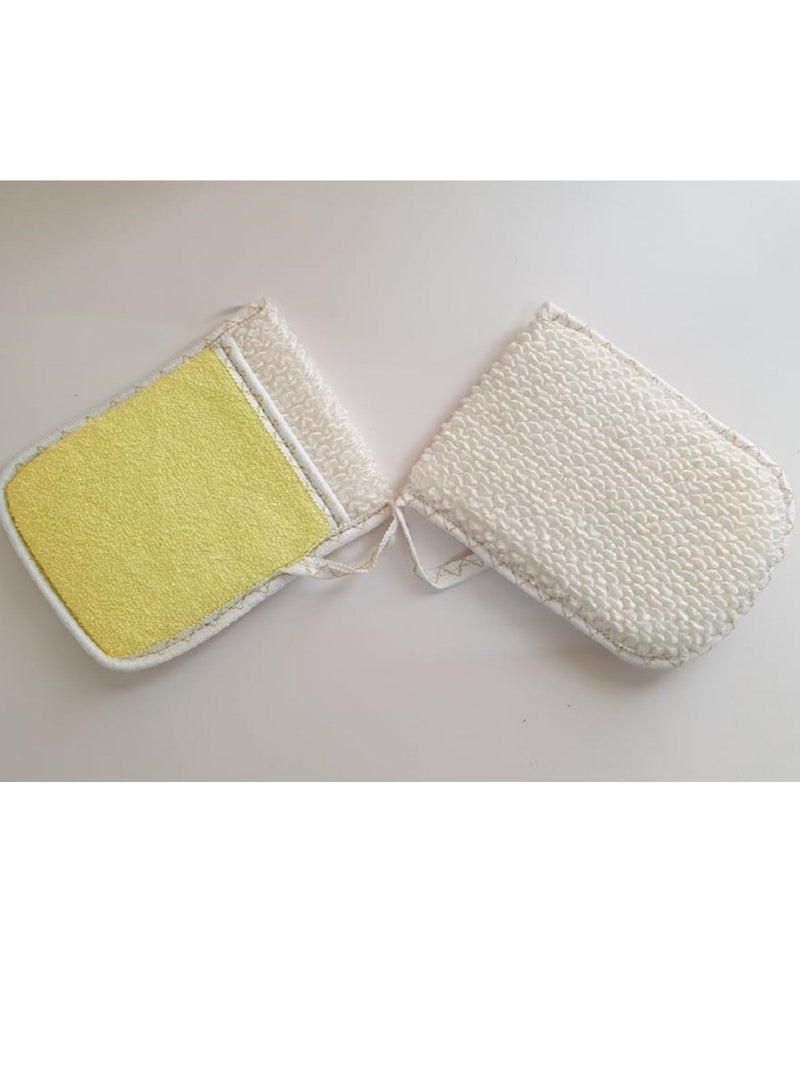 Large oval loofah glove, palm-sized, shower glove lined with sponge and cotton fabric for cleaning and massaging the body, set of 3 pieces, assorted colors  - Image 4