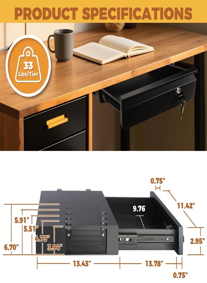 POPMOON 14 in Deep Under Desk Drawer,Pull Out Storage Organizer with Lock and Keys,Adjustable Height, Metal Storage Drawer with Slide Extension Mounted Under Flat Wooden Table or Workbench - Image 2