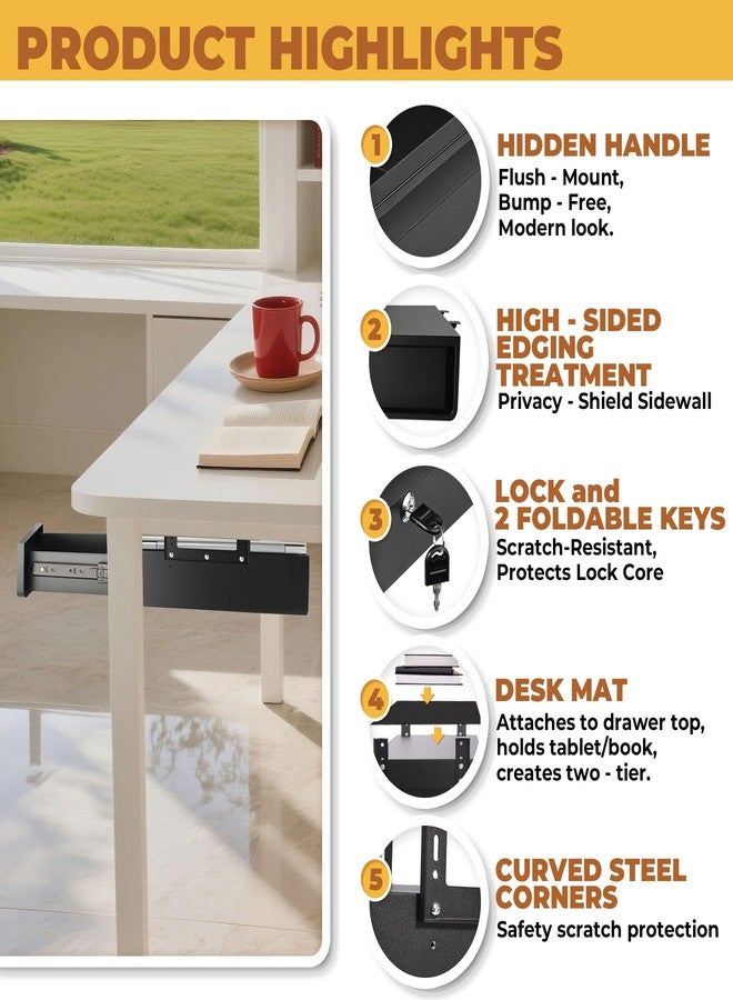 POPMOON 14 in Deep Under Desk Drawer,Pull Out Storage Organizer with Lock and Keys,Adjustable Height, Metal Storage Drawer with Slide Extension Mounted Under Flat Wooden Table or Workbench - Image 3