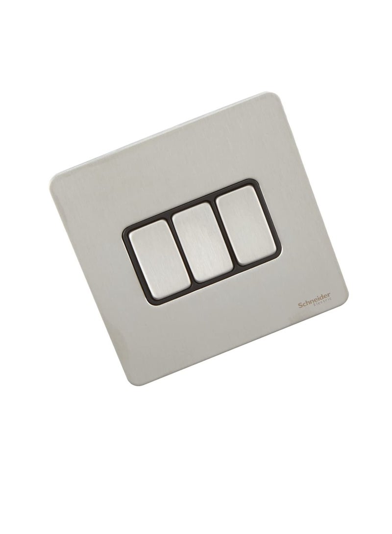 Schneider Electric GU1432BSS 3 Gang Ultimate Screwless Rocker Flat Plate Switch, Stainless Steel with Black Interior - Image 1