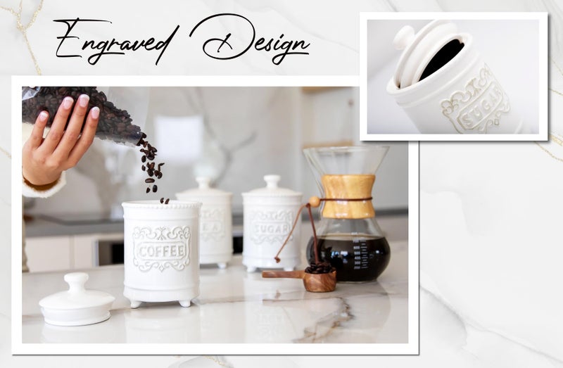 25DOL 25 Ounce Elegant Ceramic Kitchen Canisters Set of 3 - Engraved Coffee Tea Sugar Storage Containers with Feet for Added Style and Stability - Ceramic Jar with Airtight Lid - Image 4