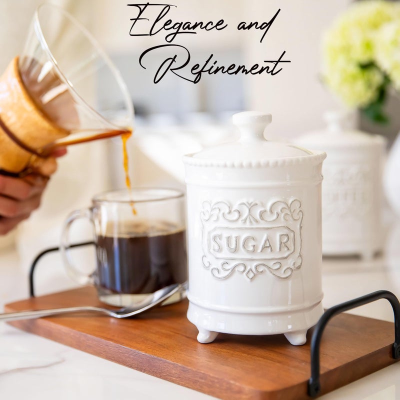 25DOL 25 Ounce Elegant Ceramic Kitchen Canisters Set of 3 - Engraved Coffee Tea Sugar Storage Containers with Feet for Added Style and Stability - Ceramic Jar with Airtight Lid - Image 2