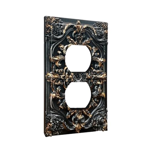 Spshian Decorative Outlet Covers Black Gold Flower Elegant 3D Floral Embossed 1 Gang Duplex Light Switch Cover Plate Unique Wall Plate Electrical Switch Plate Covers for Bedroom Home Decor - Image 2