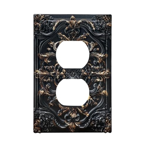 Spshian Decorative Outlet Covers Black Gold Flower Elegant 3D Floral Embossed 1 Gang Duplex Light Switch Cover Plate Unique Wall Plate Electrical Switch Plate Covers for Bedroom Home Decor - Image 1