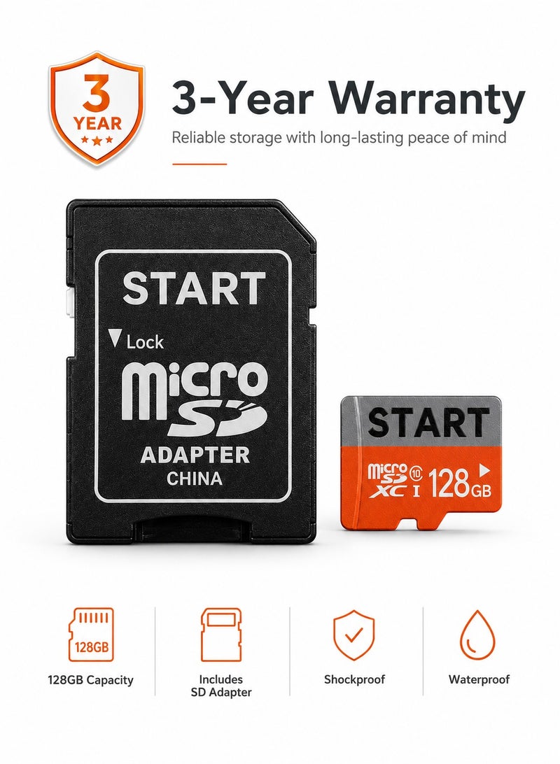 START Original 128GB microSDXC UHS-I Class 10 Memory Card with SD Adapter, Full HD Support, Waterproof & Shockproof, Compatible with Android Phones, Cameras, Tablets & Computers, 3-Year Warranty - Image 1