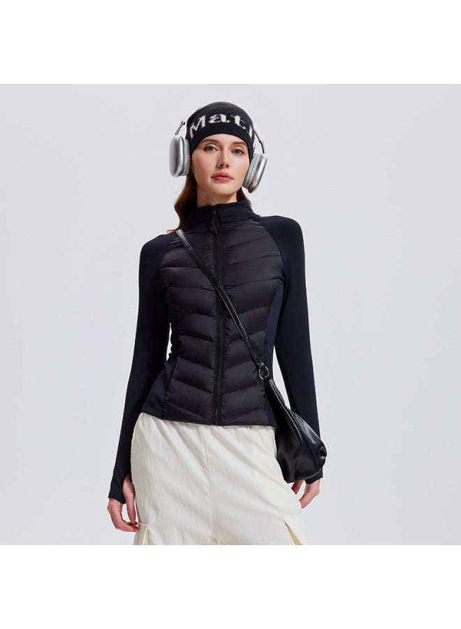 Three-proof Sports Down Jacket For Women, Outdoor Running, Windproof And Warm Fitness Top, Lightweight Slim Fit Stand-up Collar Rib Jacket